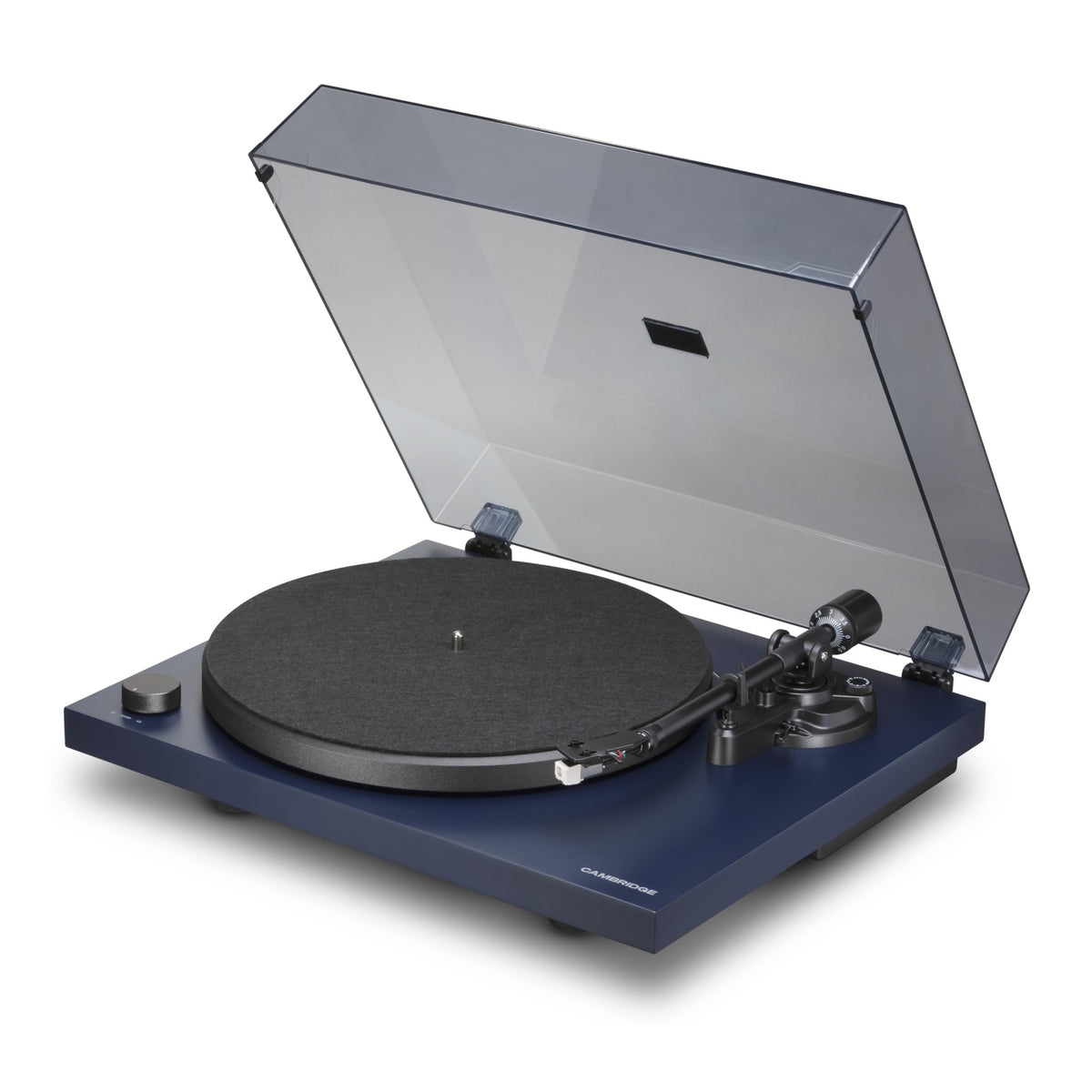 Cambridge Audio Spira Belt Drive Turntable, Blue, three-quarter view facing right with the dust cover raised