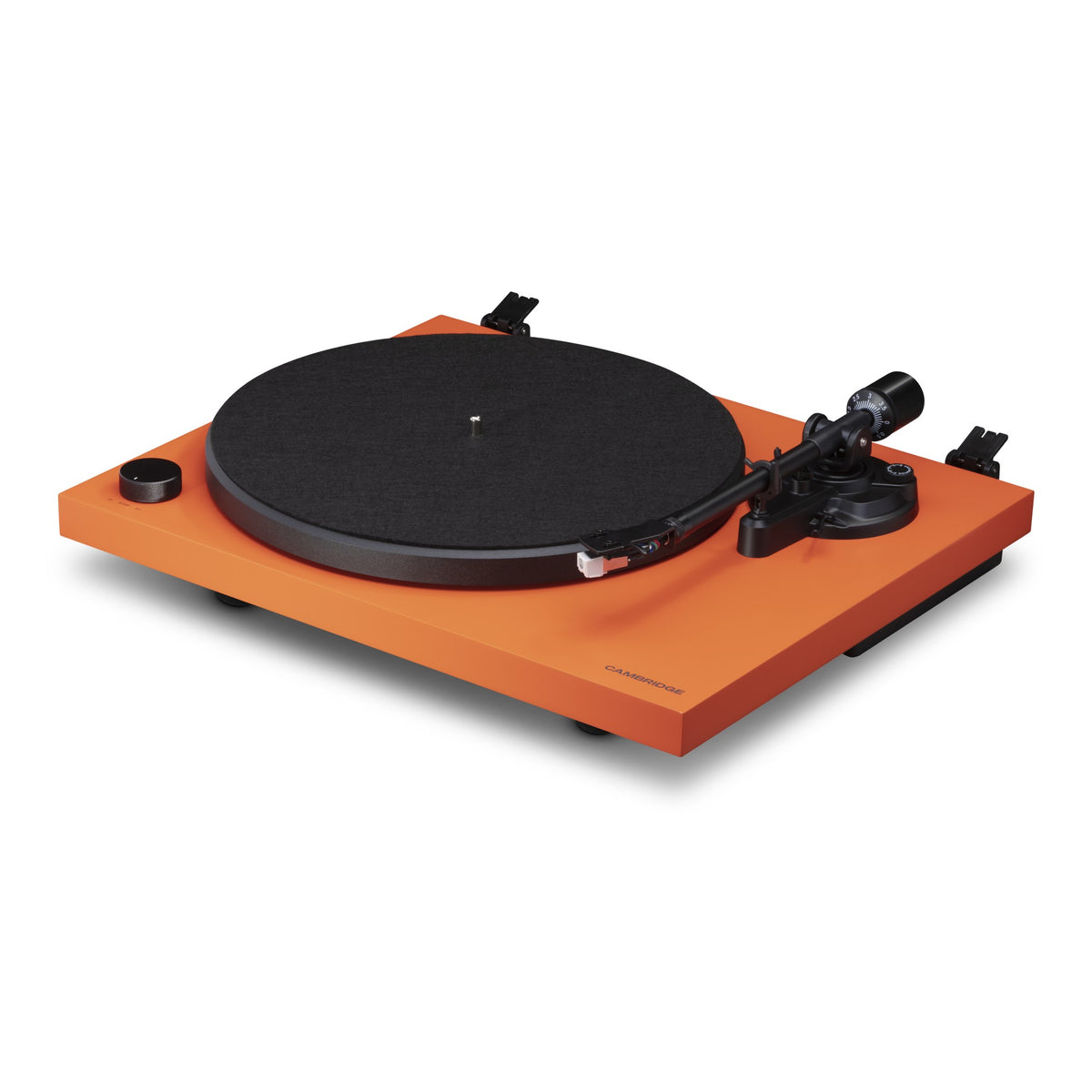 Cambridge Audio Spira Belt Drive Turntable, Orange, three-quarter view facing right without the dust cover
