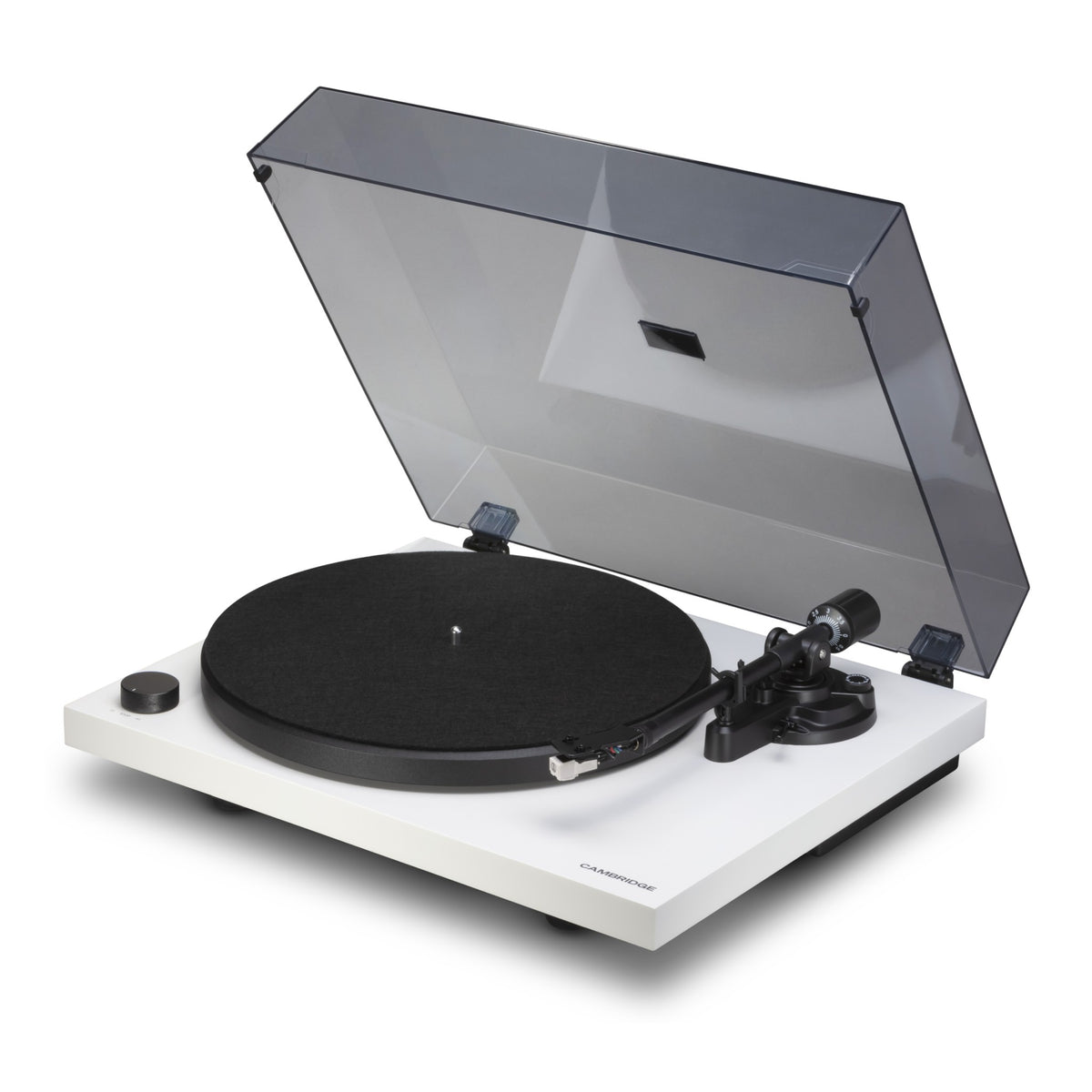 Cambridge Audio Spira Belt Drive Turntable, White, three-quarter view facing right with the dust cover raised