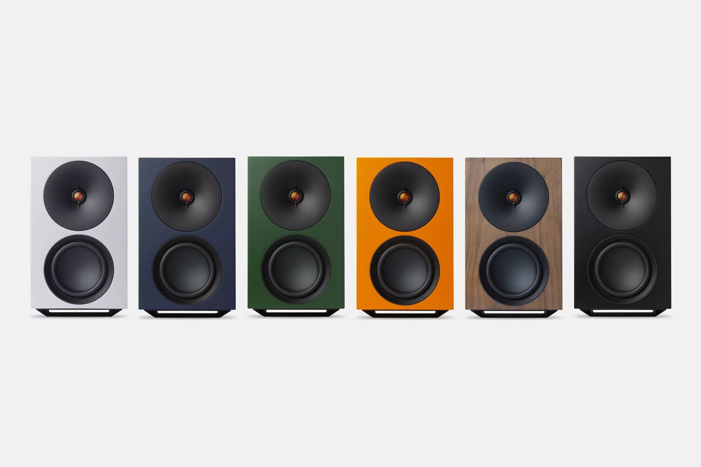 Cambridge Audio L/R active streaming speakers in six premium finishes: white, blue, green, orange, walnut, and black
