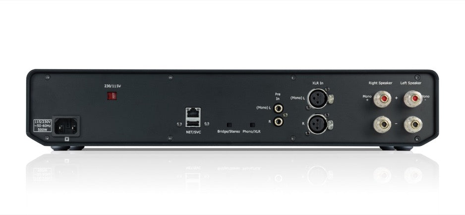 Cyrus 80 PWR rear panel showing XLR inputs, bridge/stereo switch, and speaker binding posts
