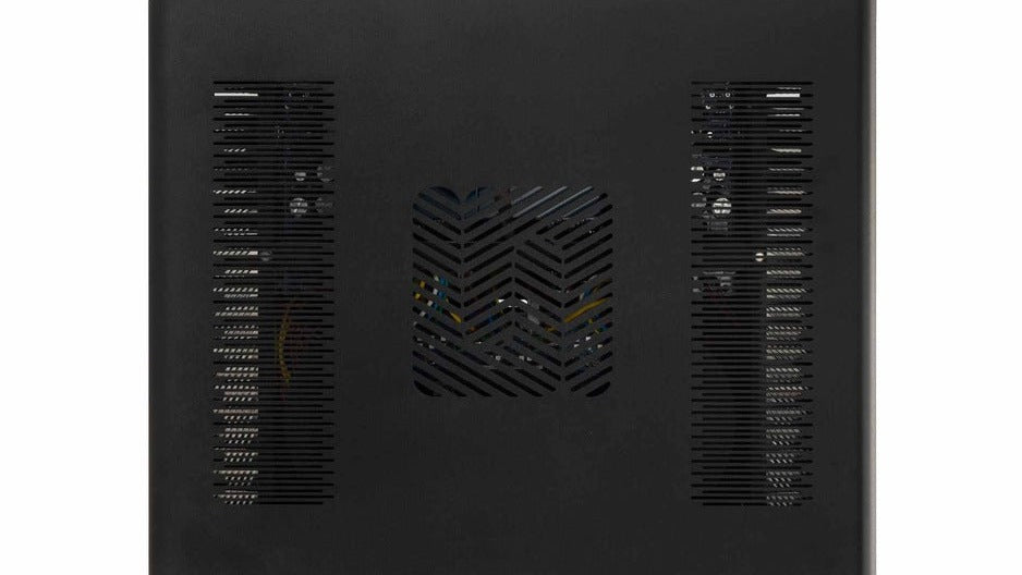 Unico DM V2 side panel showing dual-mono ventilation layout with diamond center grille and internal circuitry visible