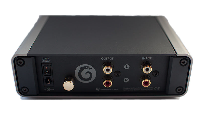 Dynavector P75 Mk4 rear panel showing RCA inputs, outputs, and power