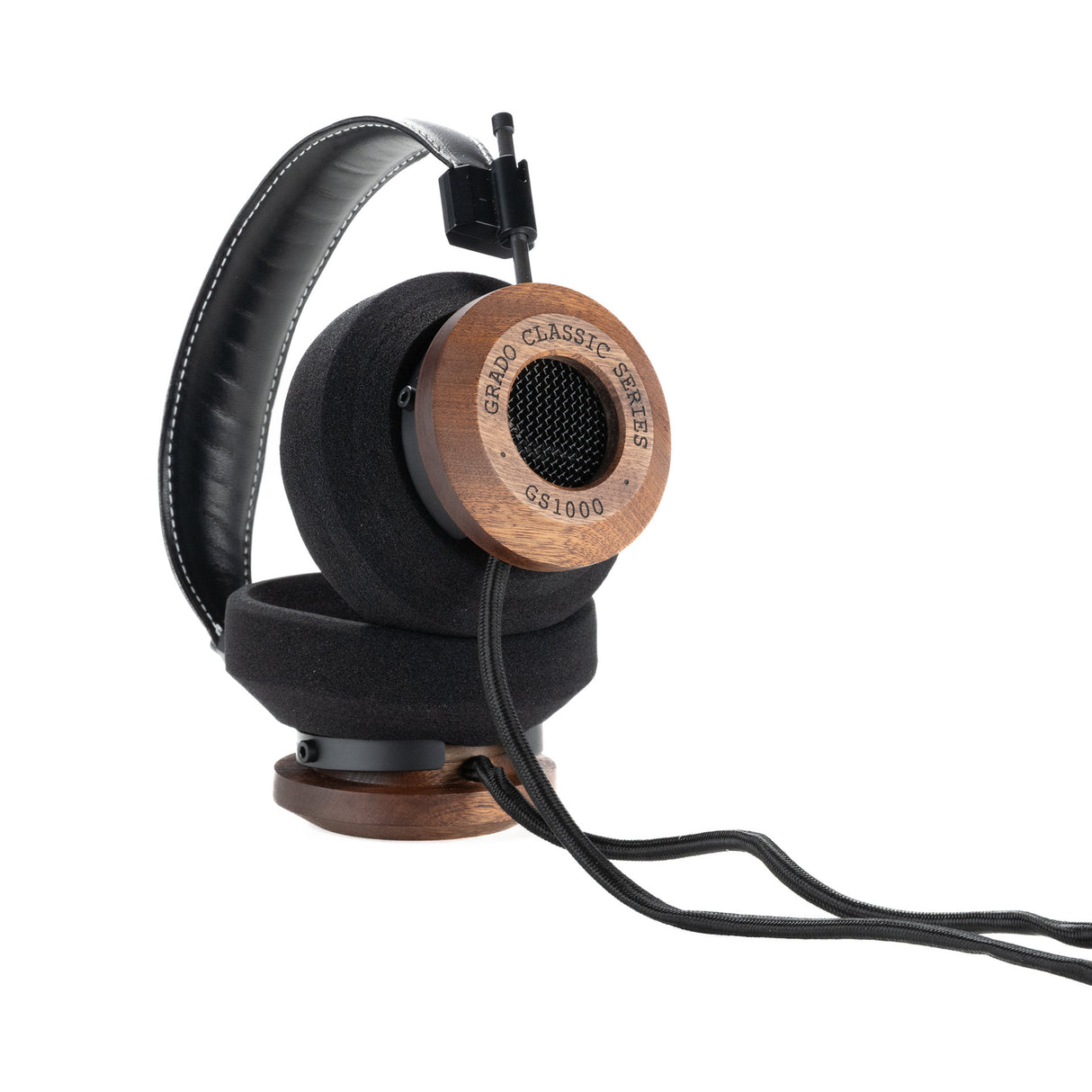 Grado GS1000 Classic Series Open-Back Headphones, Mahogany, angled view resting on a wooden headphone stand
