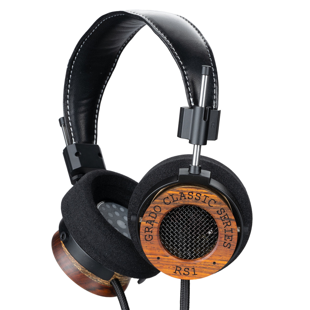 Grado RS1 Classic Series Open-Back Headphones, Tri-Wood, three-quarter view showing the headband, gimbals and the layered edge of the tri-wood housing