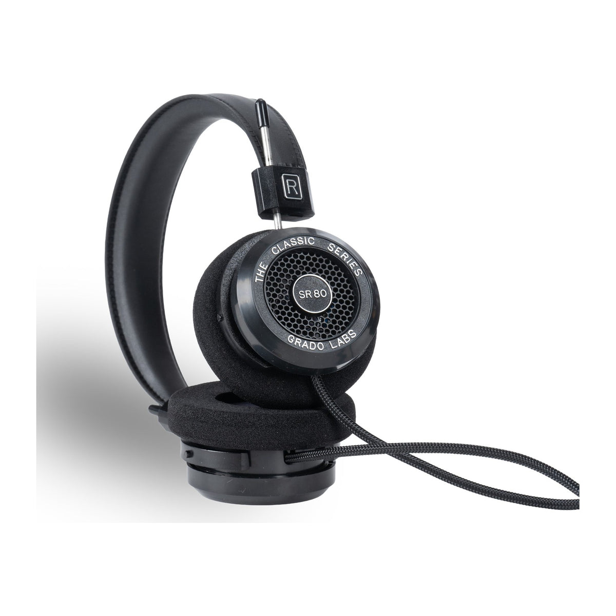 Grado SR80 Classic Series Open-Back Headphones, Black, three-quarter diagonal view