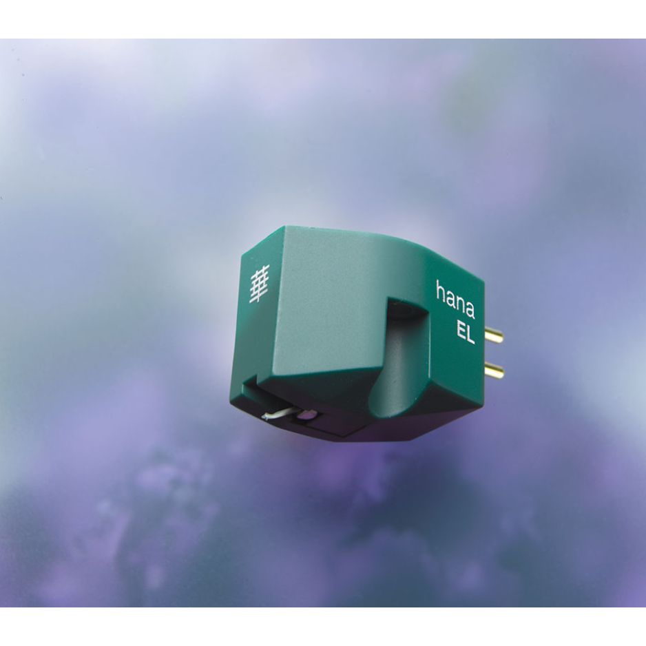 HANA EL Moving Coil Phono Cartridge (Open Box), green body shown against a soft lilac background