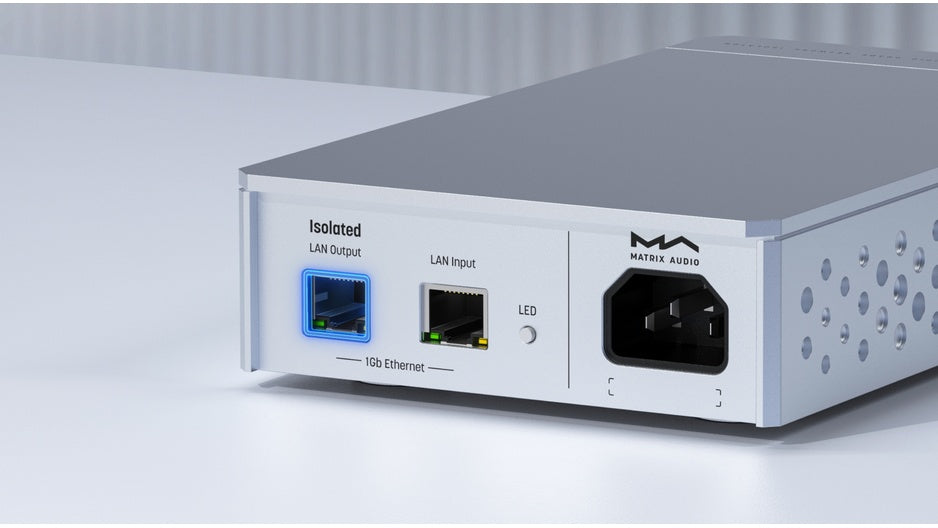 Matrix Audio SI-1 rear panel showing isolated LAN output and LAN input ports