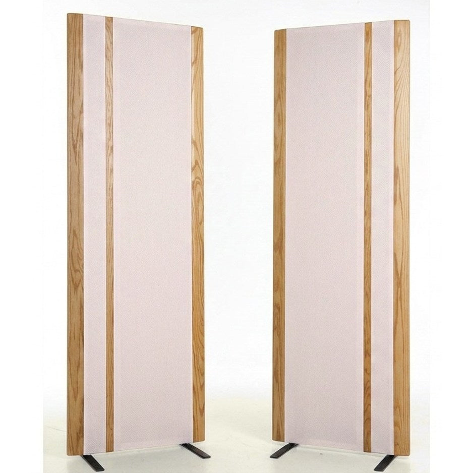 Magnepan 3.7i Planar Magnetic Speakers, Cherry White fabric with Natural Oak trim, front view of stereo pair