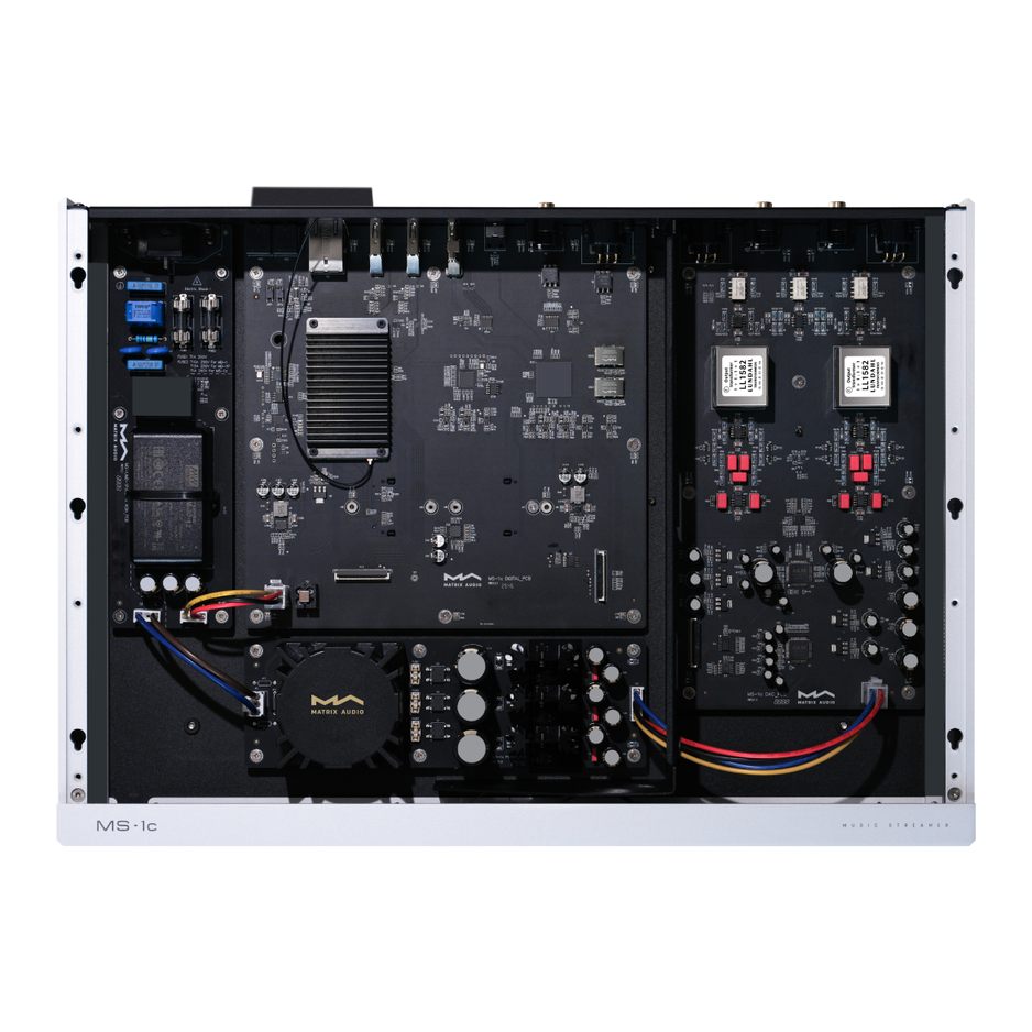 Matrix Audio MS-1c internal view showing separate digital and analog power supplies and multi-board layout