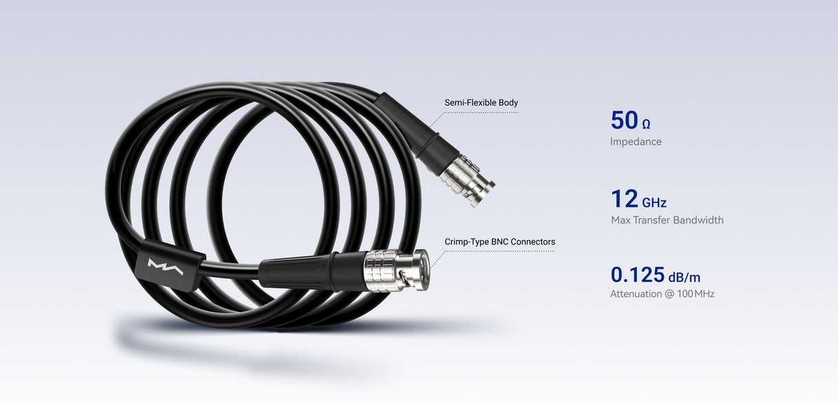 Matrix Audio Silver Copper Hi-Fi Clock Cable, Black, coiled three-quarter view with 50 ohm impedance, 12 GHz bandwidth and 0.125 dB/m attenuation callouts