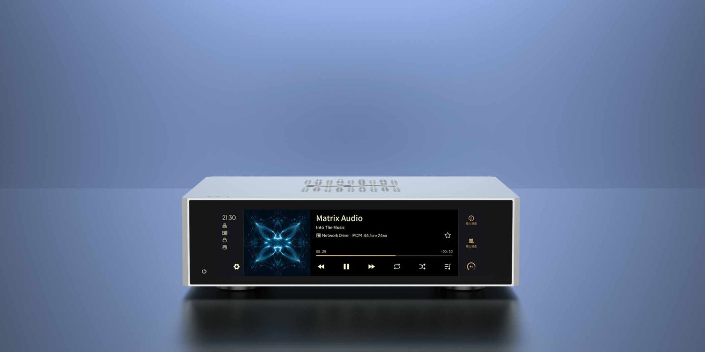 Matrix Audio cover photo with silver music  streamer on table with blue  background