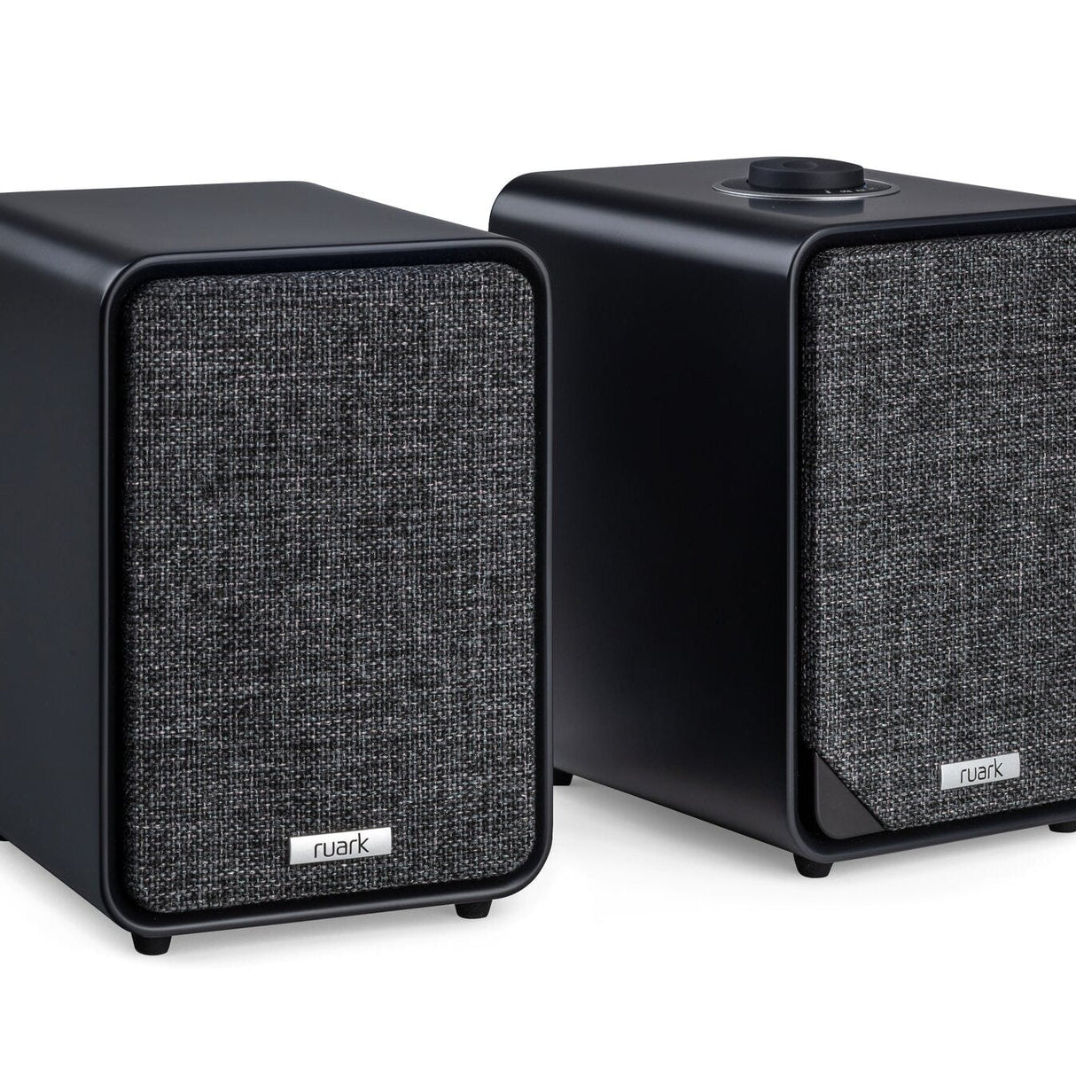 Ruark Audio MR1 MK3 Desktop Speaker System (Open Box), Satin Charcoal, three-quarter view with RotoDial top control