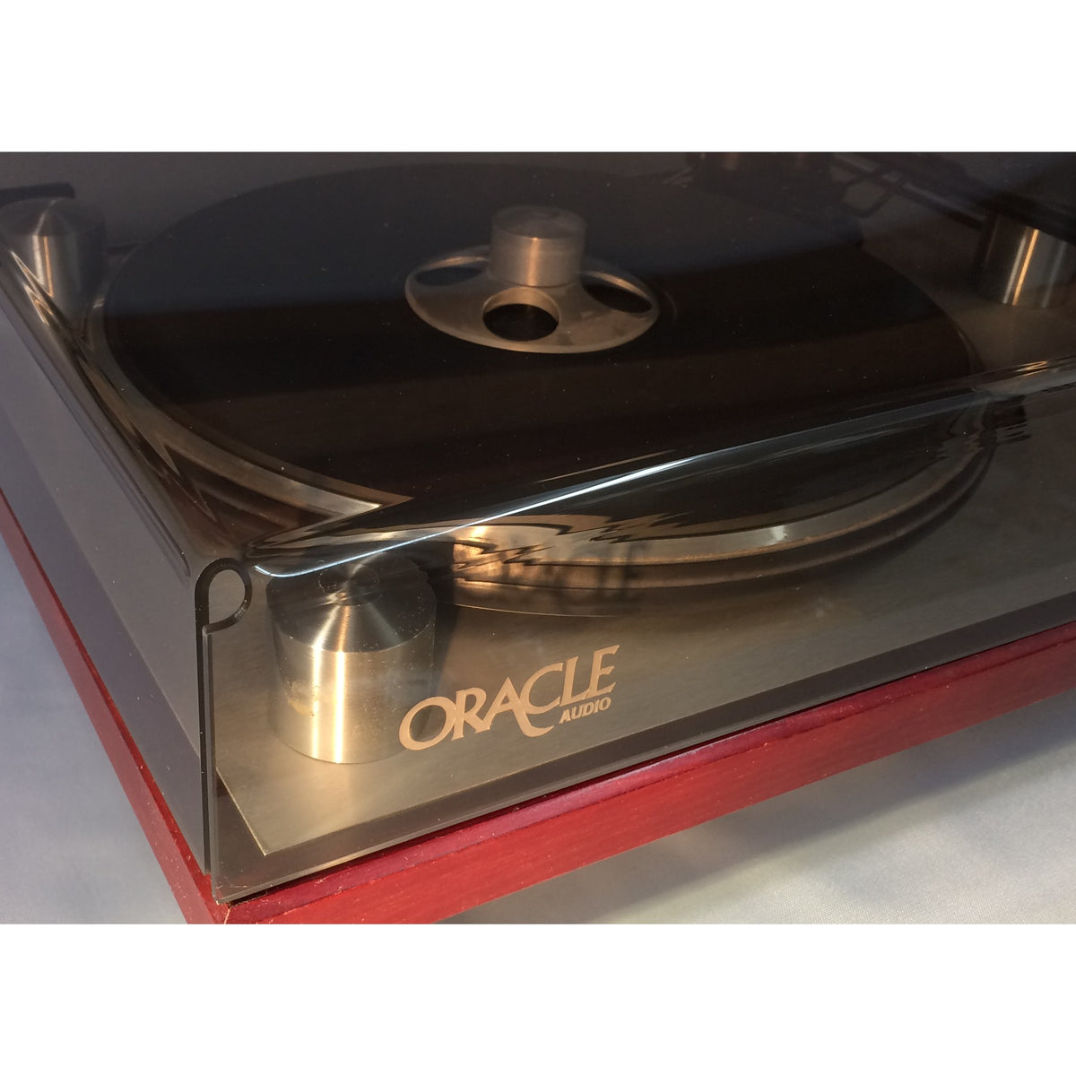 Oracle Audio Bronze Dust Cover, Bronze, front corner close-up on an Alexandria MkII