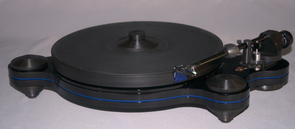Oracle Audio Origine Acrylic Insert, Matte Blue, shown fitted in a black Origine Mk2 plinth, three-quarter view