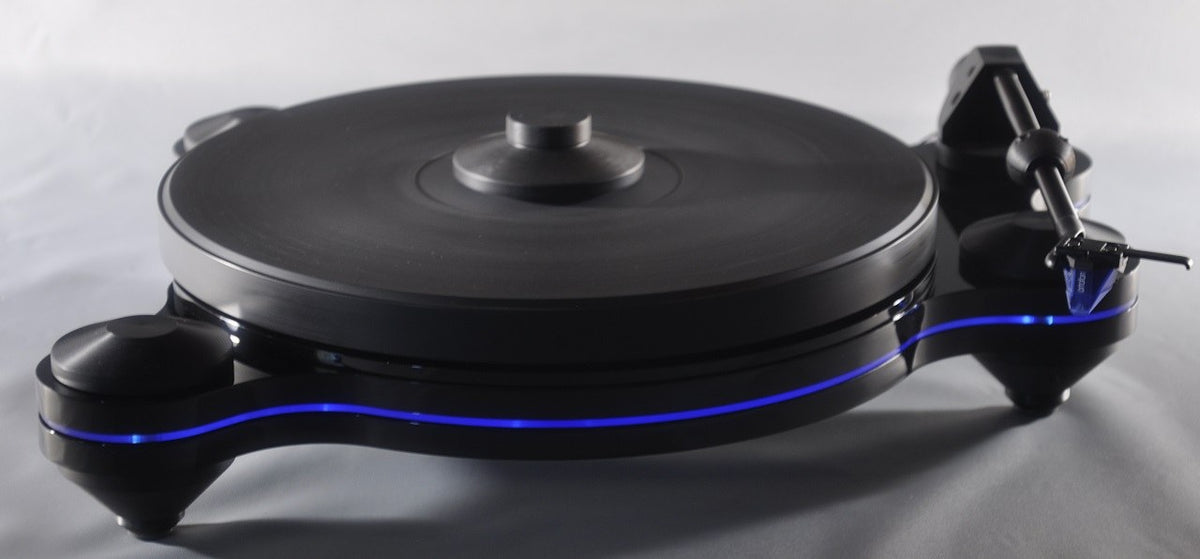 Oracle Audio Origine Acrylic Insert, Neon Blue, shown fitted in a black Origine Mk2 plinth, three-quarter view