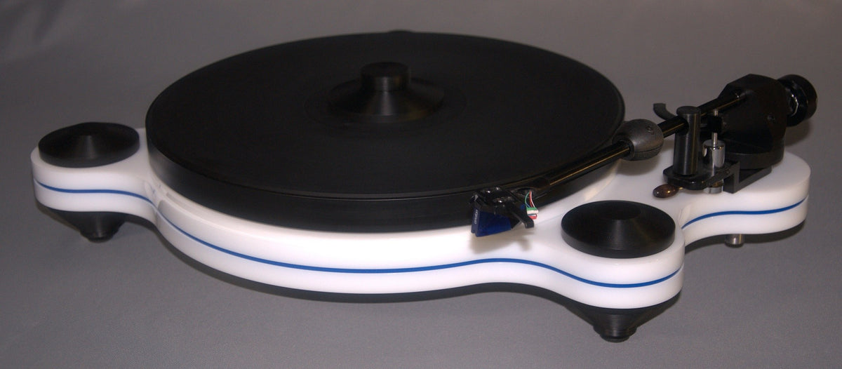 Oracle Audio Origine Mk2 Turntable, White plinth with Blue acrylic insert, three-quarter view