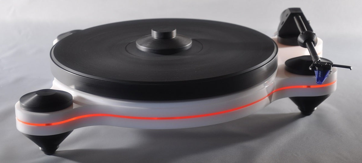 Oracle Audio Origine Mk2 Turntable, White plinth with Neon Orange acrylic insert, three-quarter view