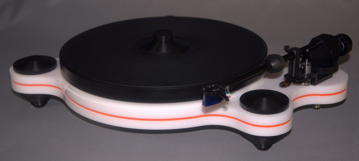 Oracle Audio Origine Mk2 Turntable, White plinth with Orange acrylic insert, three-quarter view