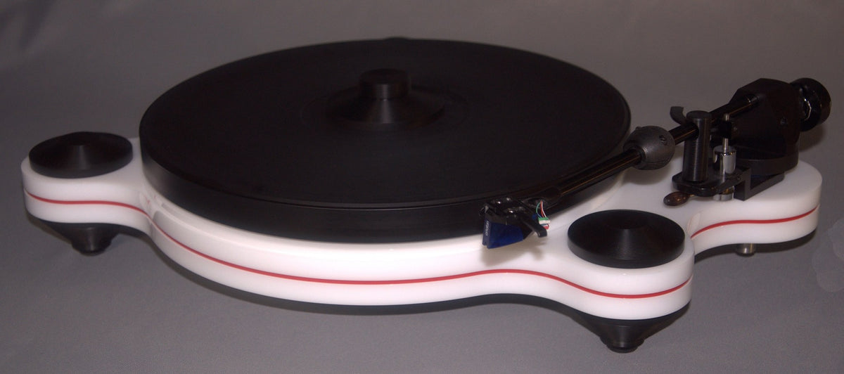 Oracle Audio Origine Mk2 Turntable, White plinth with Red acrylic insert, three-quarter view