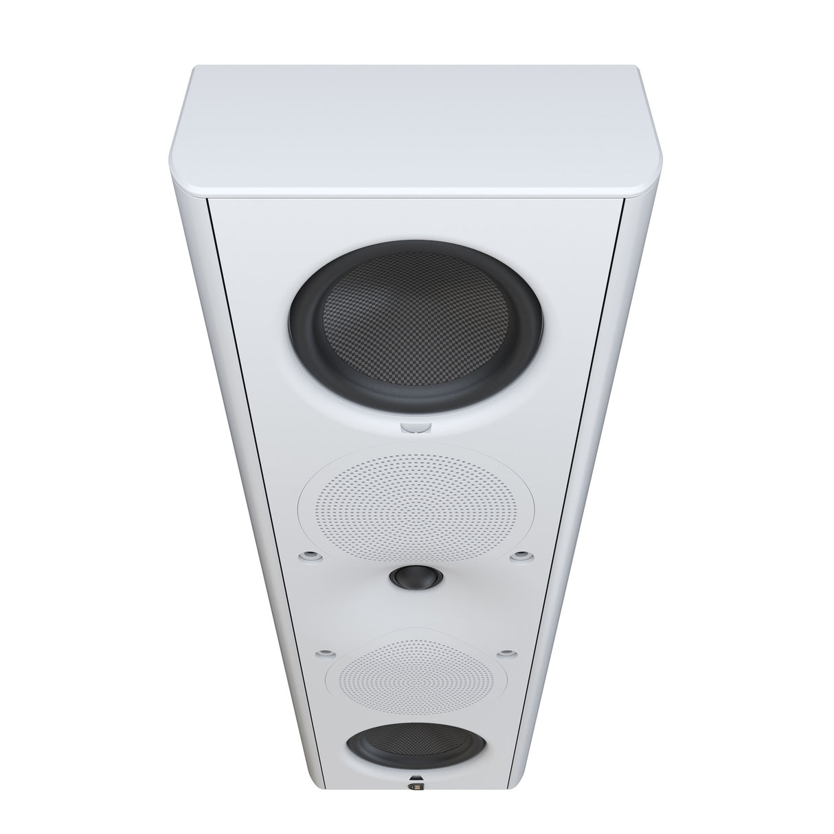 Perlisten X5w On-Wall Speaker, Satin White, three-quarter view from above in vertical orientation
