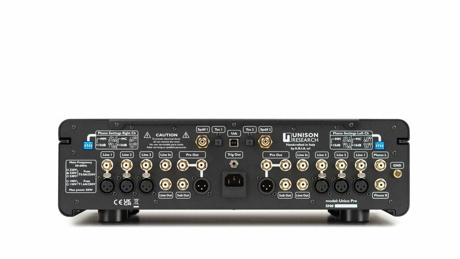 Unico Pre V2 rear panel with phono DIP switches, RCA and XLR inputs, digital connections, dual subwoofer outputs, and 12V trigger