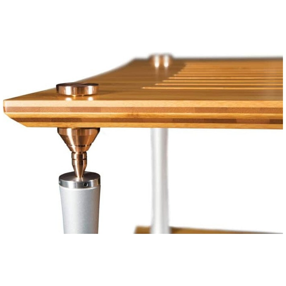 Quadraspire SV Bronze Upgrade, bronze, close-up fitted to an SVT bamboo shelf corner with the column below