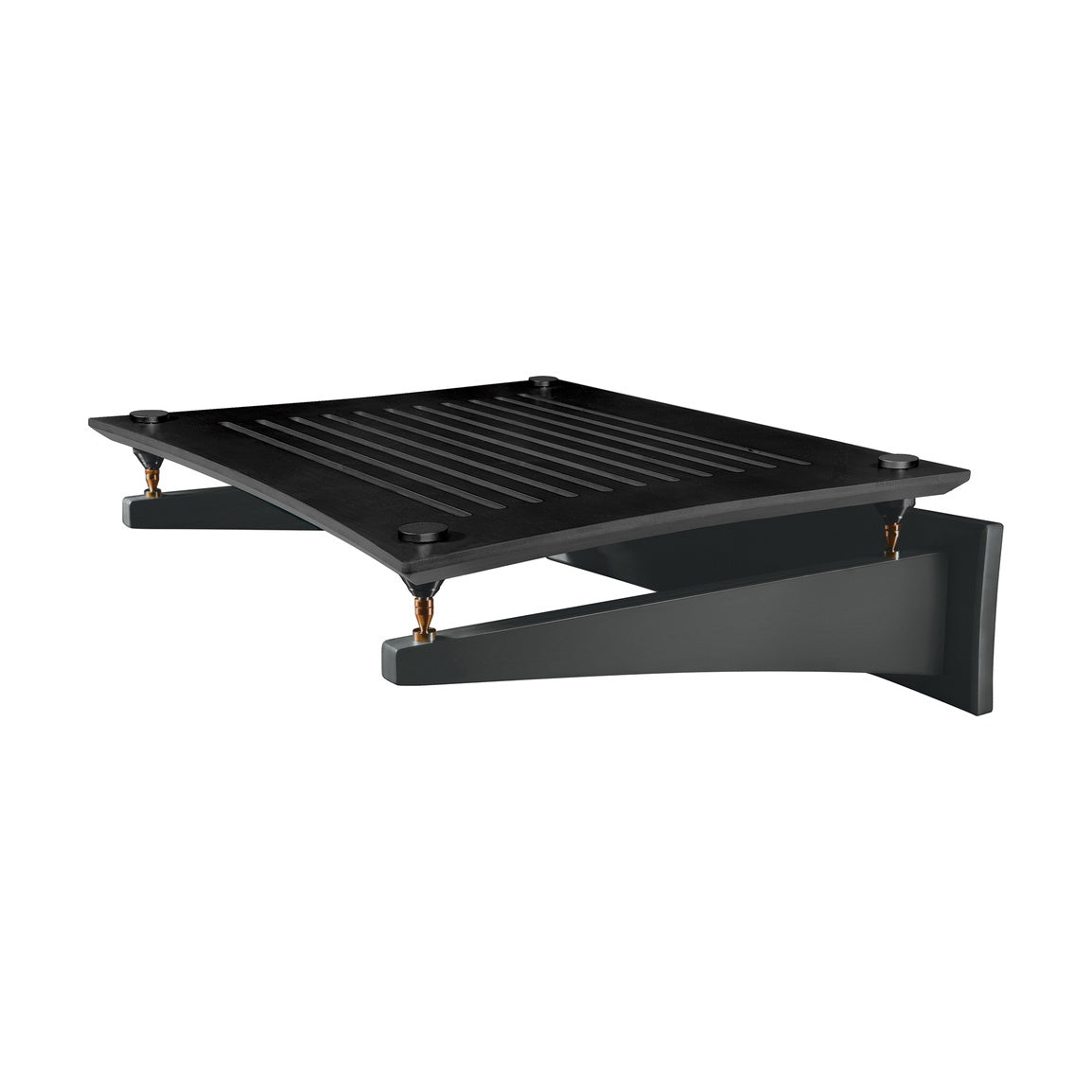 Quadraspire SVT Wall Shelf, Black Bamboo, three-quarter view of shelf on wall arms