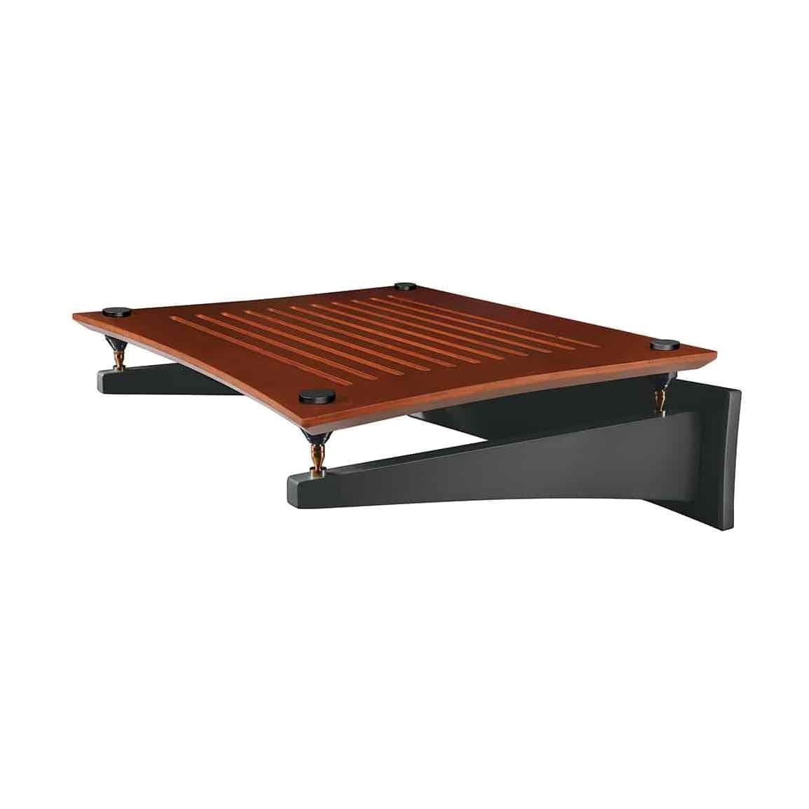 Quadraspire SVT Wall Shelf, Cherry Bamboo, three-quarter view of shelf on wall arms