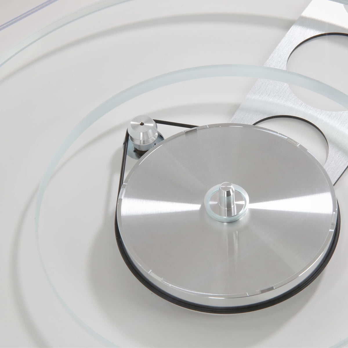 Rega Planar 6 Dual Layer Glass Platter, Clear, glass layers and aluminum sub-platter close-up