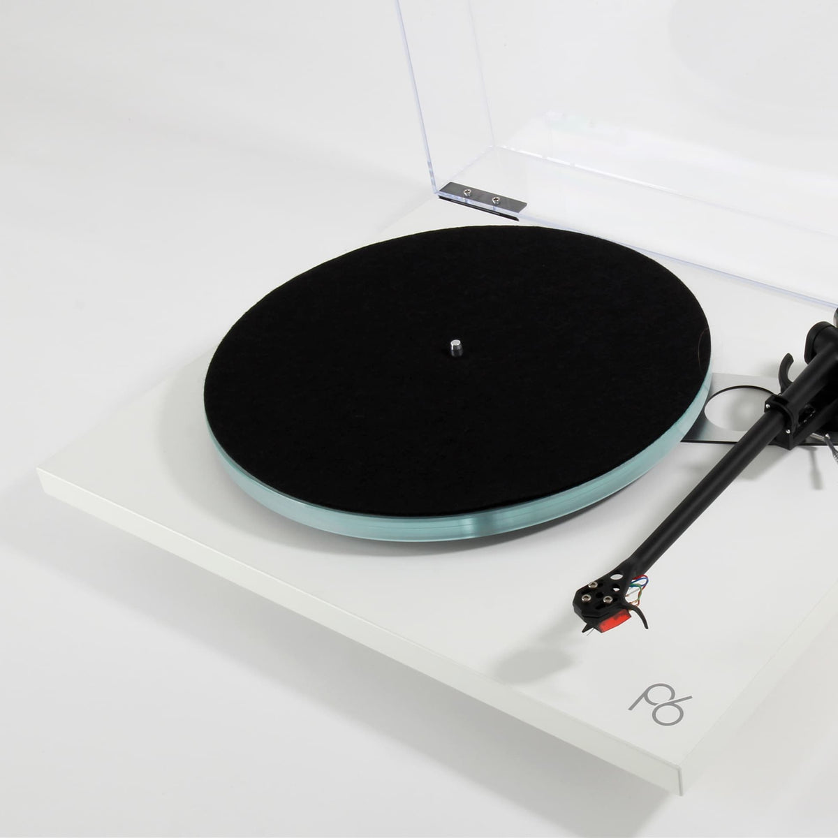 Rega Planar 6 Dual Layer Glass Platter, Clear, fitted to a matt white Planar 6 with felt mat, three-quarter view