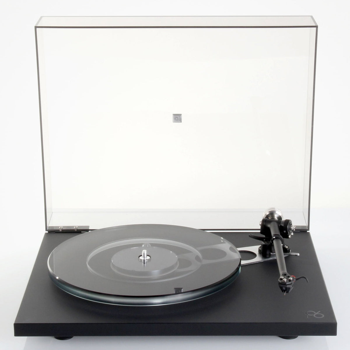 Rega Planar 6 Dual Layer Glass Platter, Smoked, fitted to a Matt Polaris Grey Planar 6, front view with dust cover