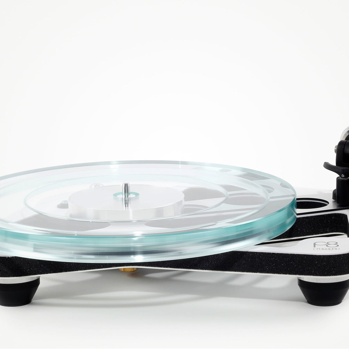 Rega Planar 8 Triple Layer Glass Platter, Clear, fitted to a white Planar 8, left side profile