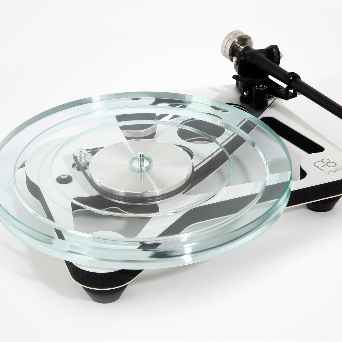 Rega Planar 8 Triple Layer Glass Platter, Clear, fitted to a white Planar 8, three-quarter view