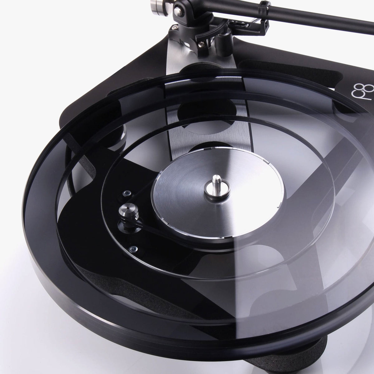 Rega Planar 8 Triple Layer Glass Platter, Smoked, fitted to a Matt Polaris Grey Planar 8, three-quarter view