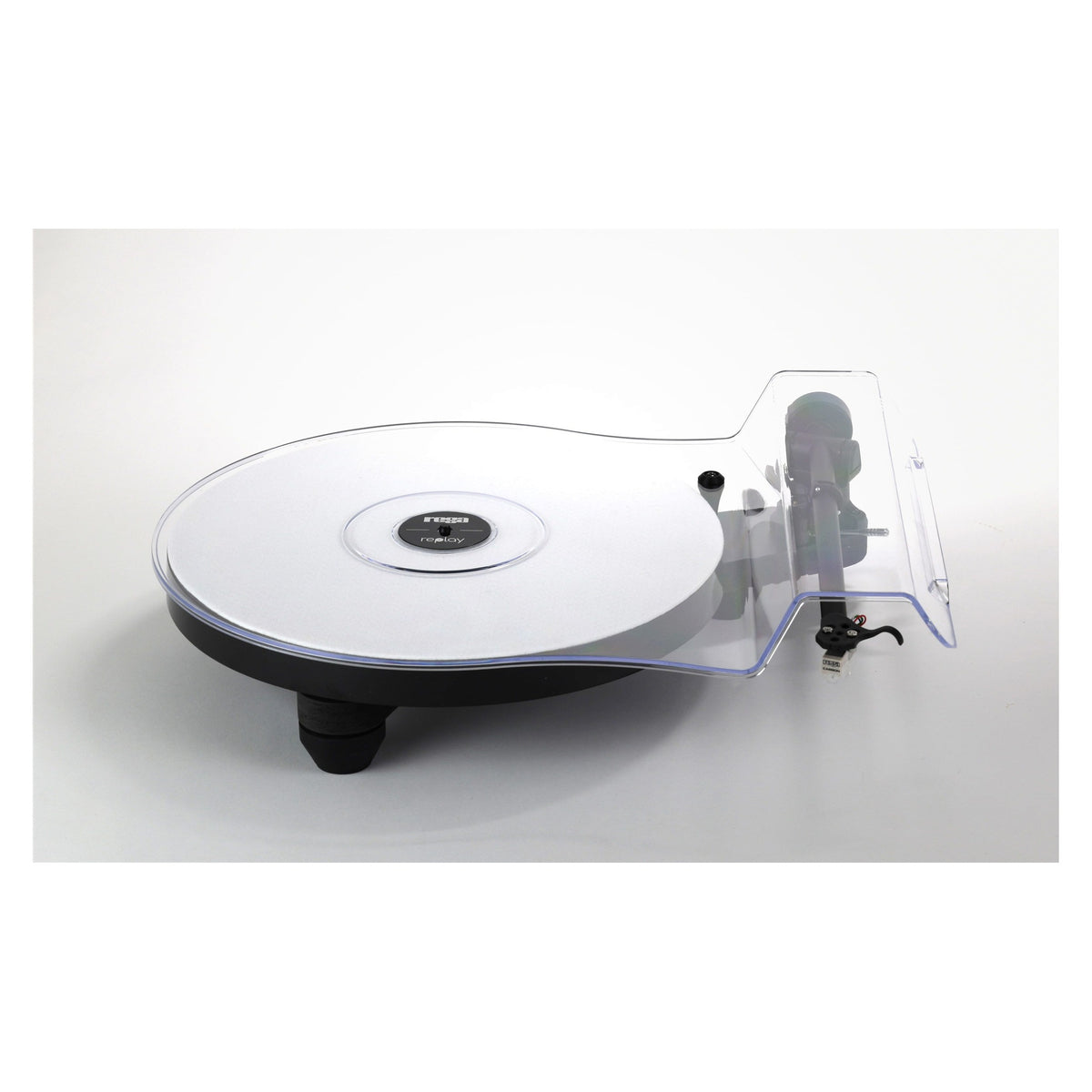 Rega Replay Turntable, black with clear dustcover, front three-quarter view