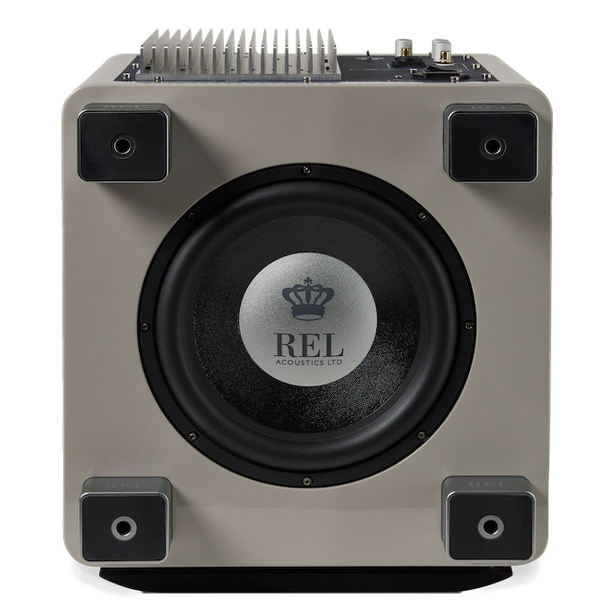 REL T/9x Subwoofer, Gloss Grey, bottom view with driver and amplifier