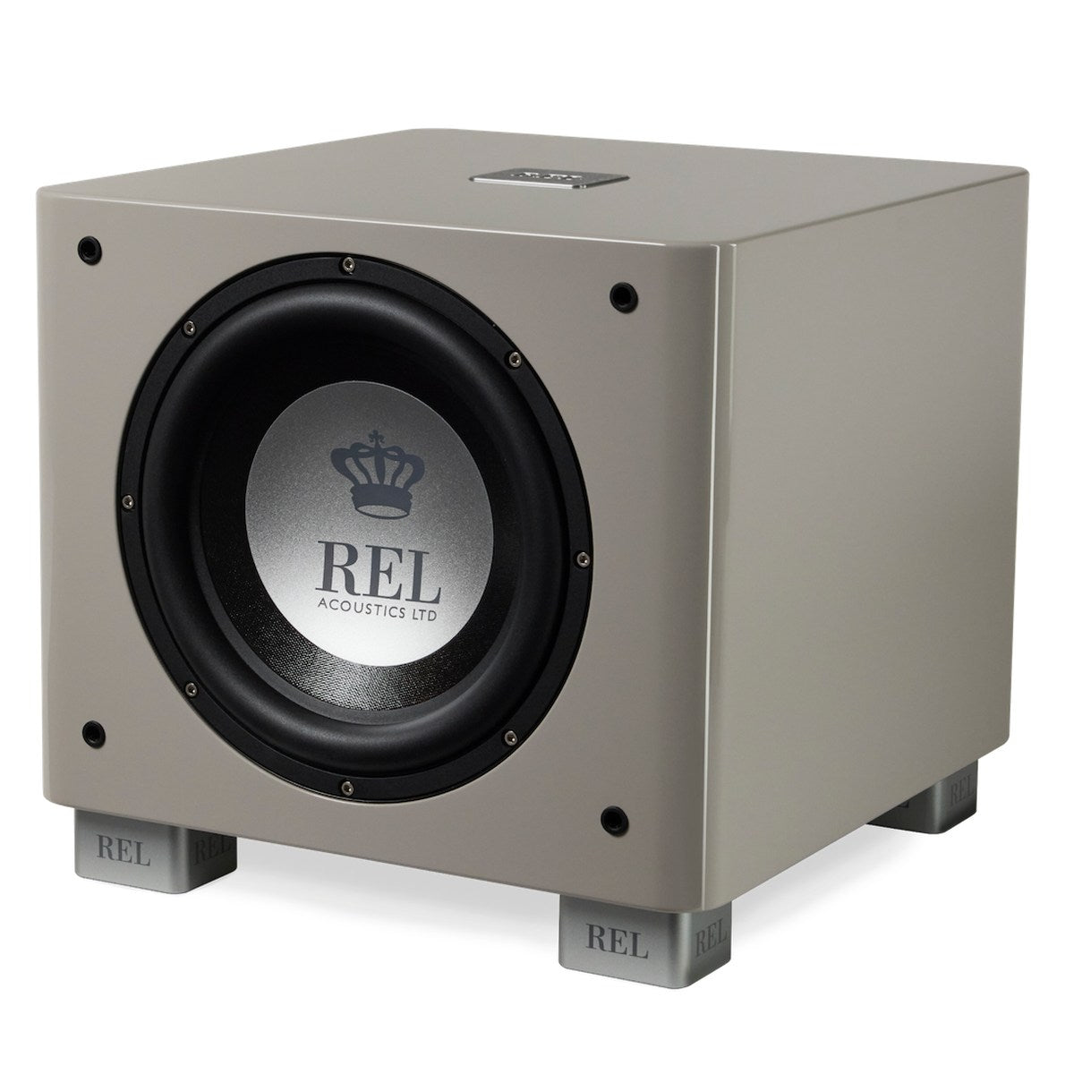 REL T/9x Subwoofer, Gloss Grey, three-quarter view facing right