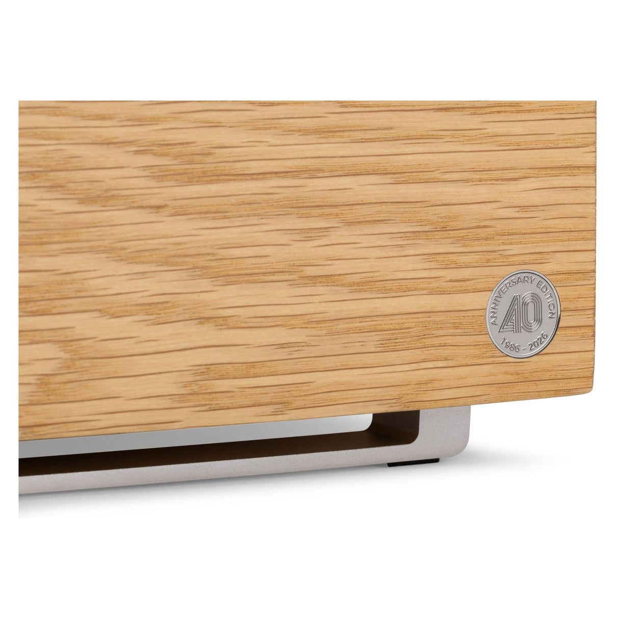 Ruark R410 Anniversary Edition All-in-One Music System, White Oak, 40th anniversary badge close-up