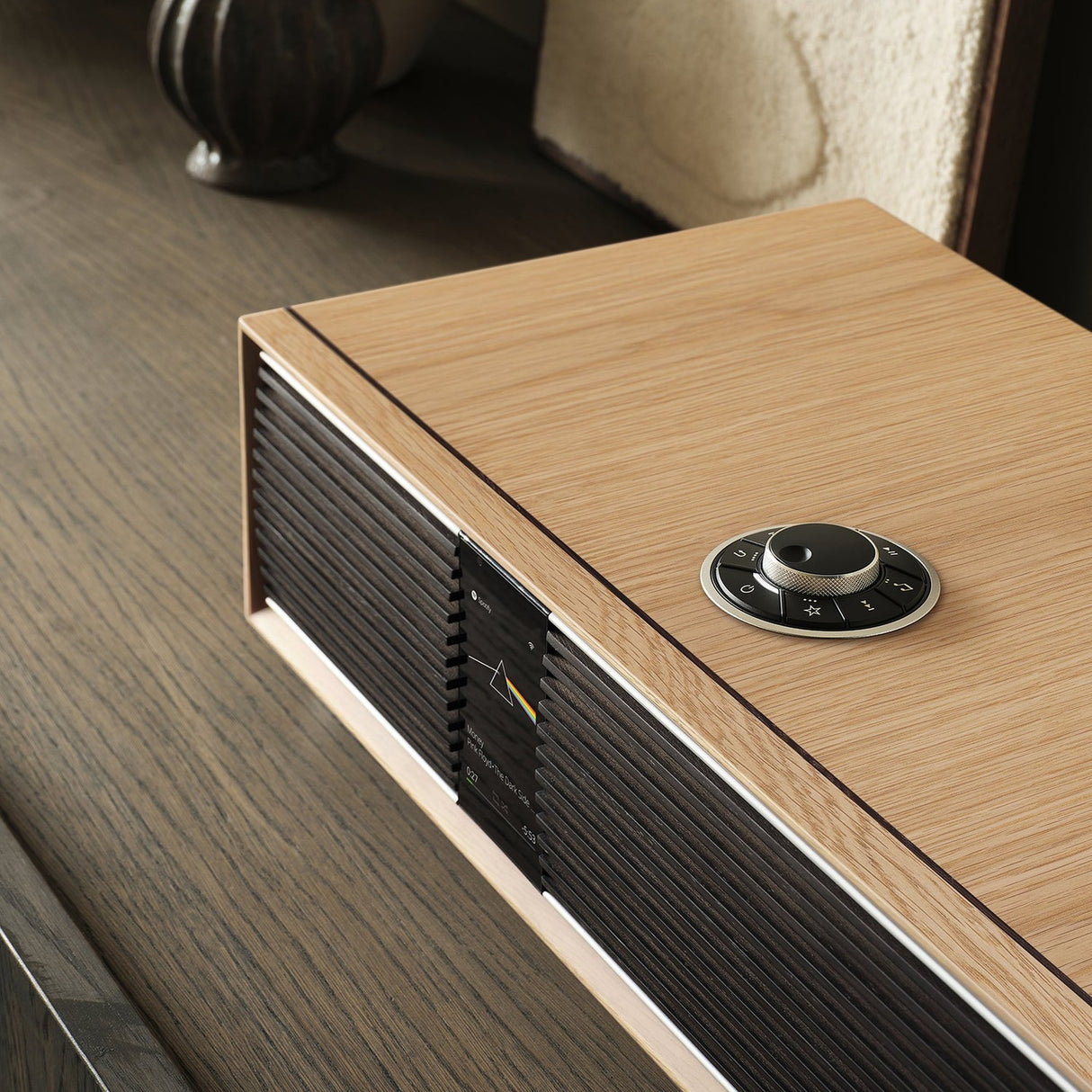 Ruark R410 Anniversary Edition All-in-One Music System, White Oak, control dial and cabinet edge close-up