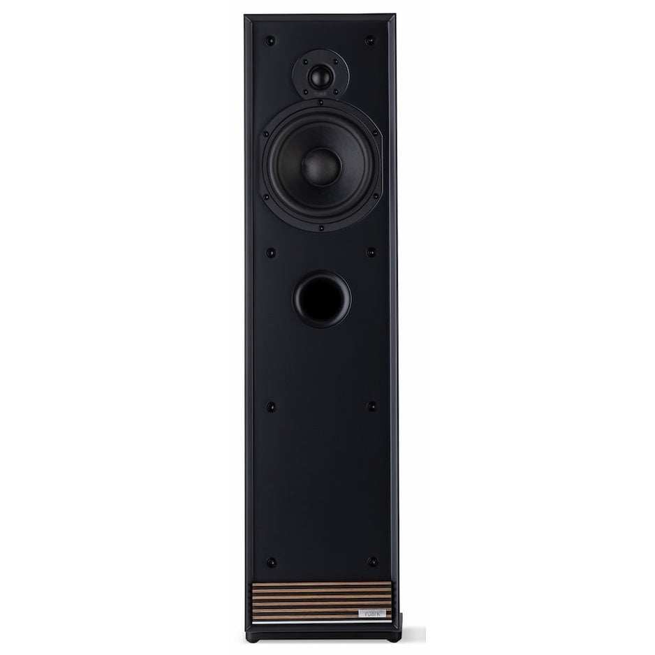 Ruark Audio Talisman-R Floorstanding Speakers, Satin Charcoal, straight-on front view with grille removed