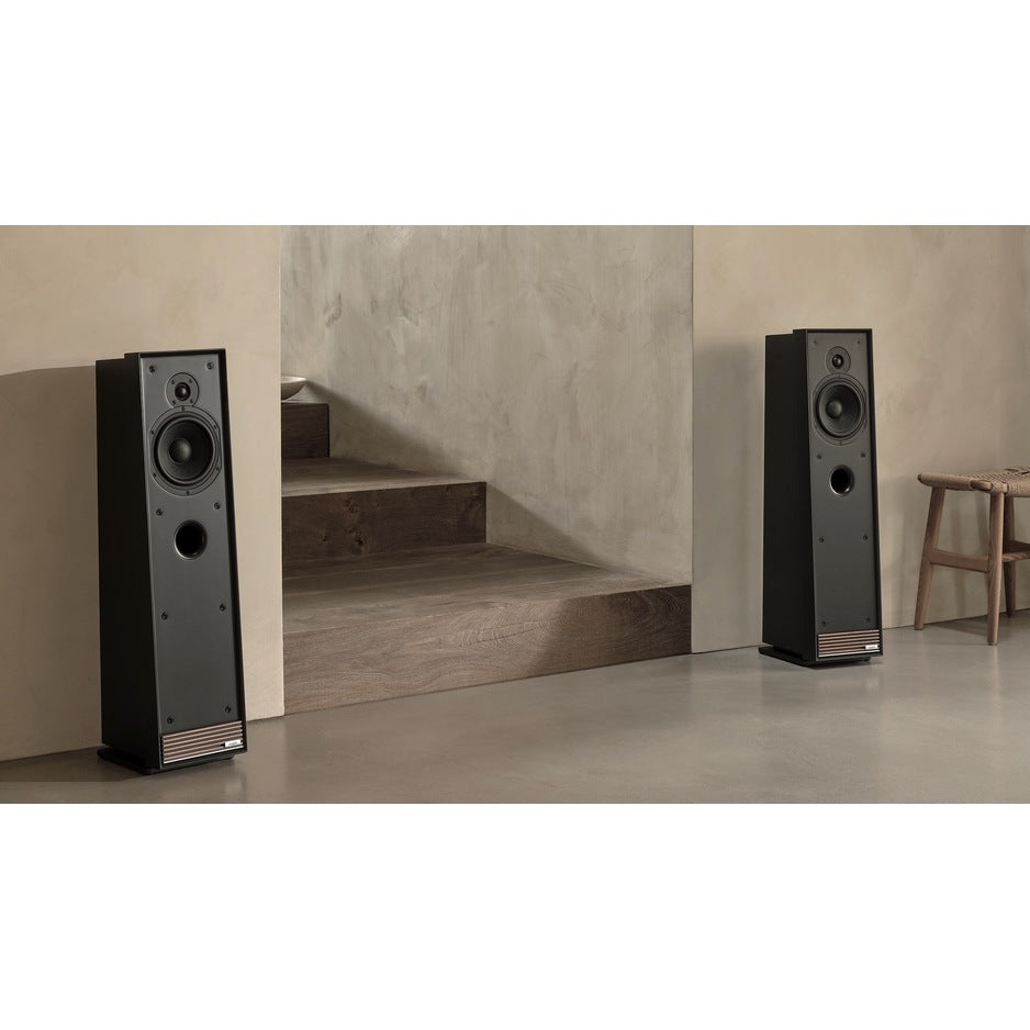 Ruark Audio Talisman-R Floorstanding Speakers, Satin Charcoal, grille removed in a modern interior