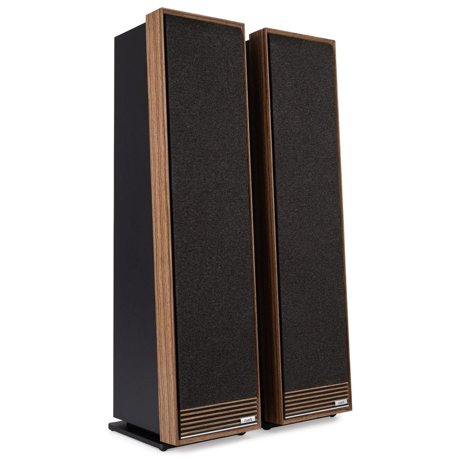 Ruark Audio Talisman-R Floorstanding Speakers, Fused Walnut, front three-quarter view with grilles fitted