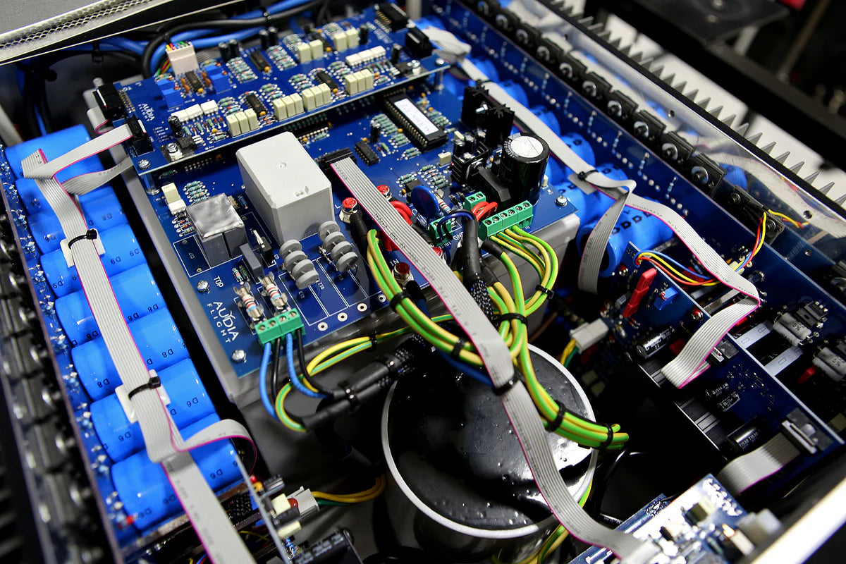 Audia Flight Strumento no.8 Mono Power Amplifier Internal wiring and capacitor close up