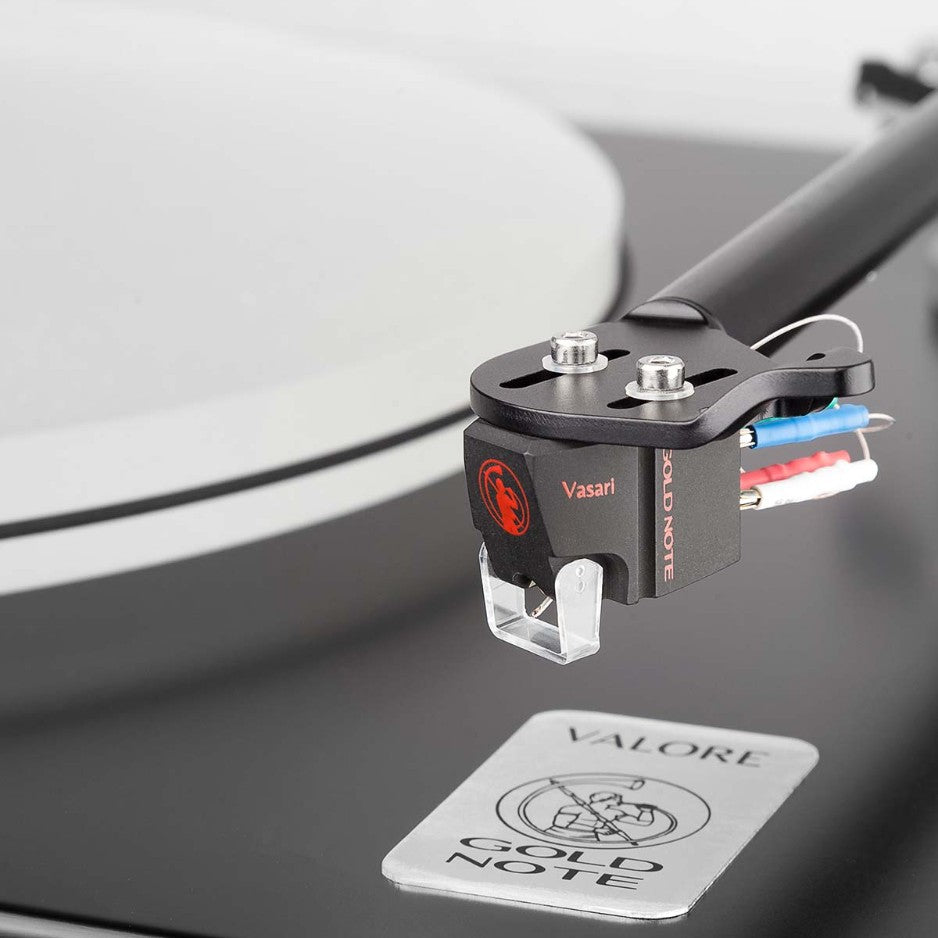Gold Note Vasari Phono Cartridge red attached in turntable