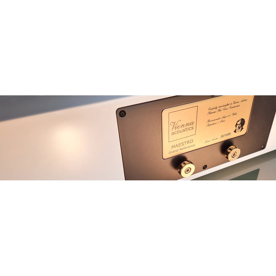 Vienna Acoustics Maestro Grand Reference rear terminal panel with gold binding posts and serial number plate
