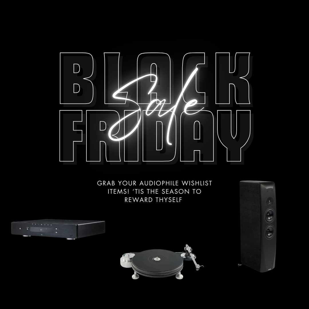 Black Friday Sale Promo with speakers a turntable and amplifier below the main title