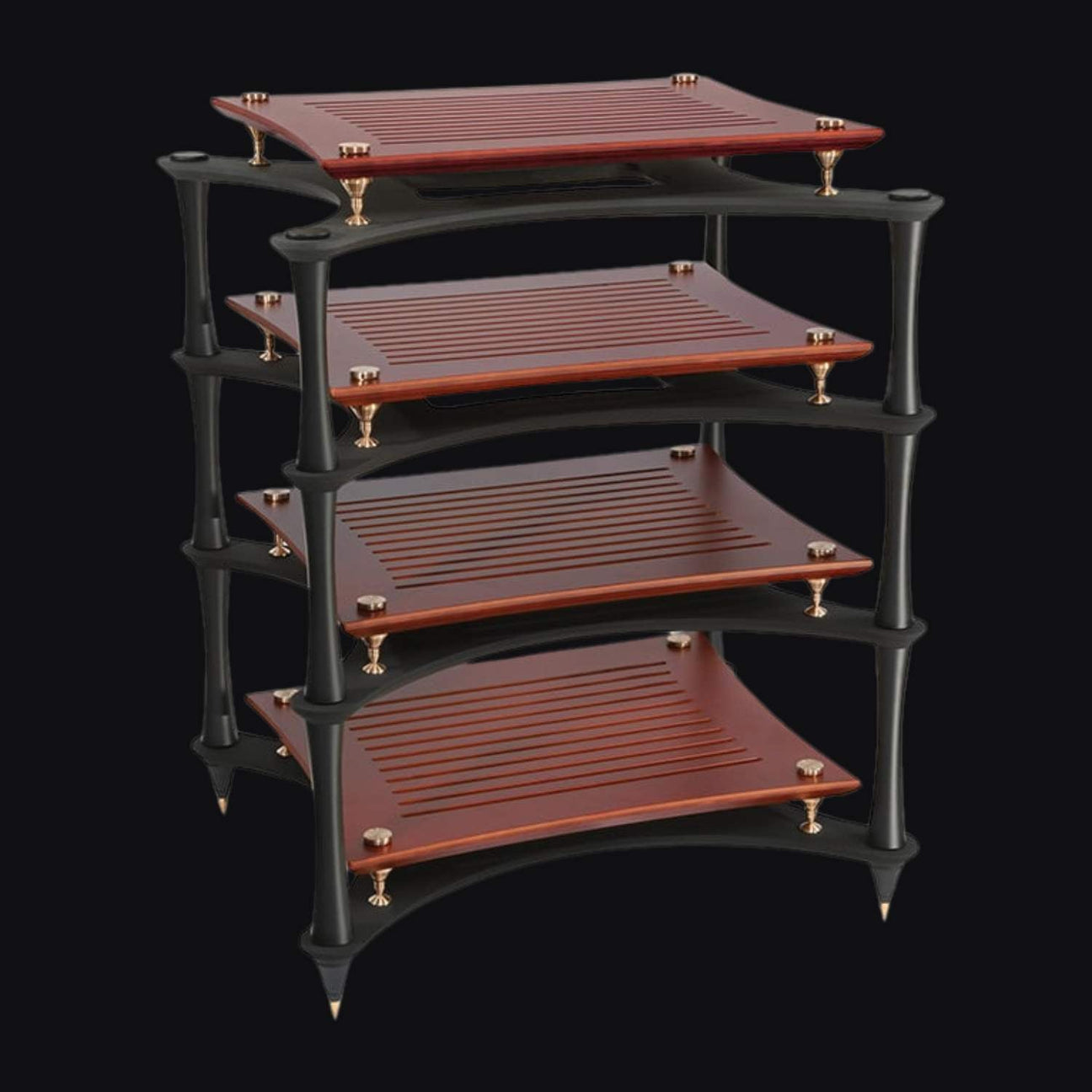 Quadraspire X-Reference HiFi rack with cherry bamboo shelves, three-quarter view