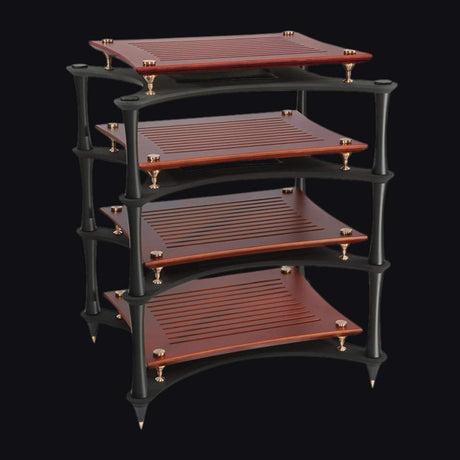 Quadraspire X-Reference HiFi rack with cherry bamboo shelves, three-quarter view