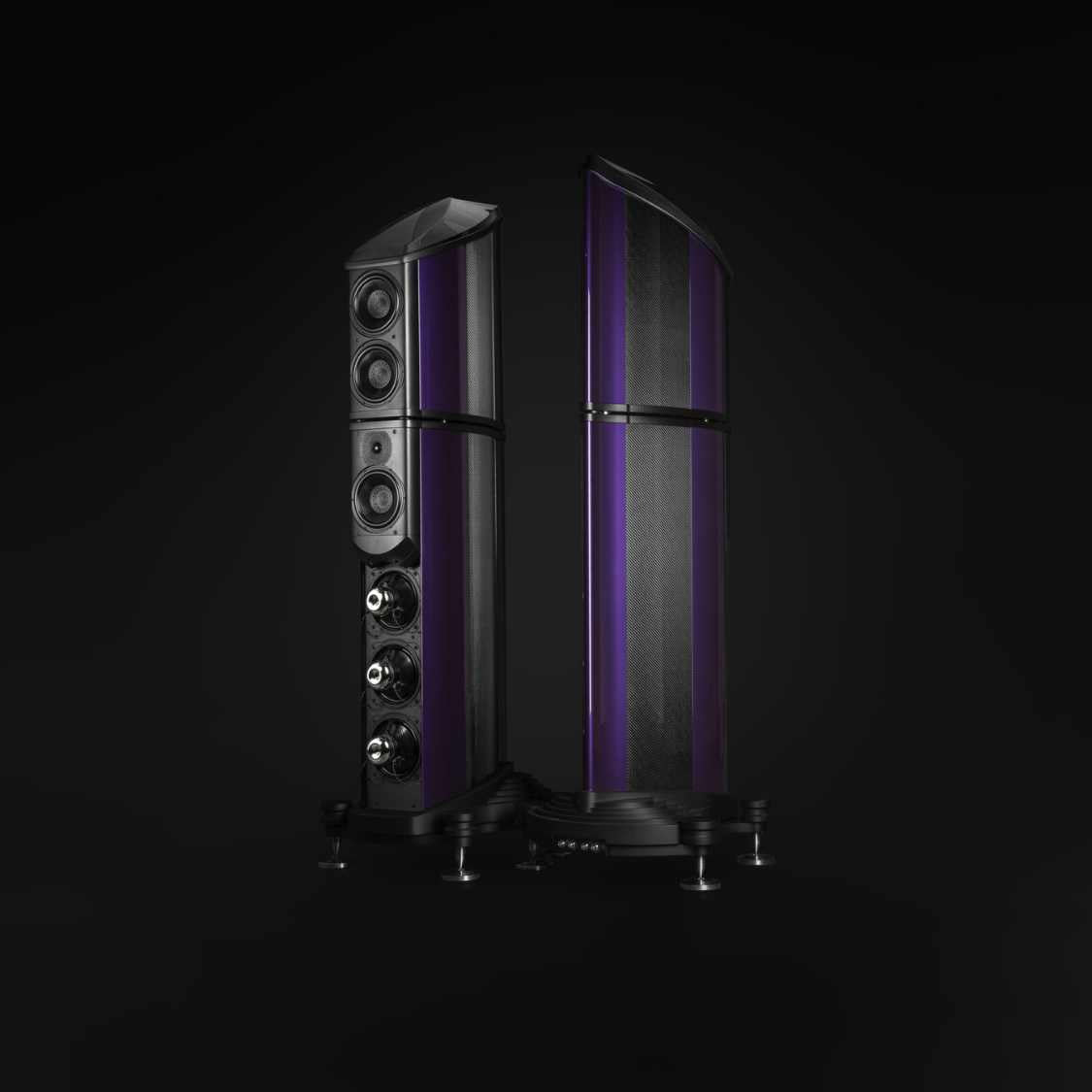 wilson Benesch Omnium Speakers in purple with a black background